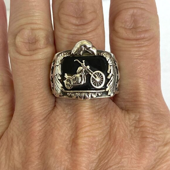 Sterling Silver 925 BGE Heavy Black Onyx Motorcycle Eagle Wide Band Ring Sz 9.5 - Picture 12 of 16